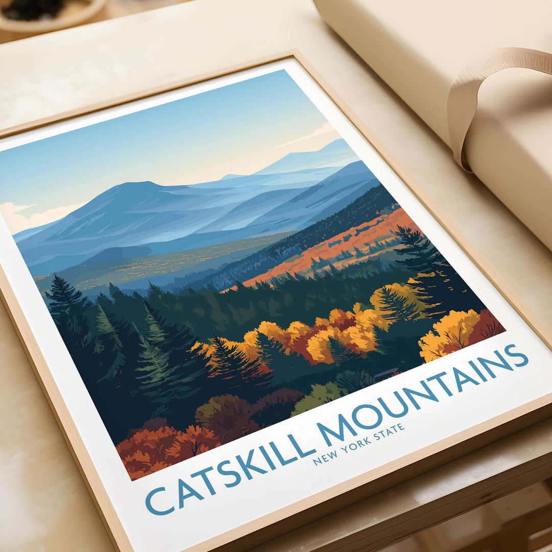 Catskill Mountains fall poster showcasing autumn colors and serene landscape of New York State nature decor.