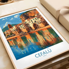 Cefalù Italy Mediterranean Beach Poster - Historic Seaside Travel Print showcasing colorful coastal architecture and reflections.