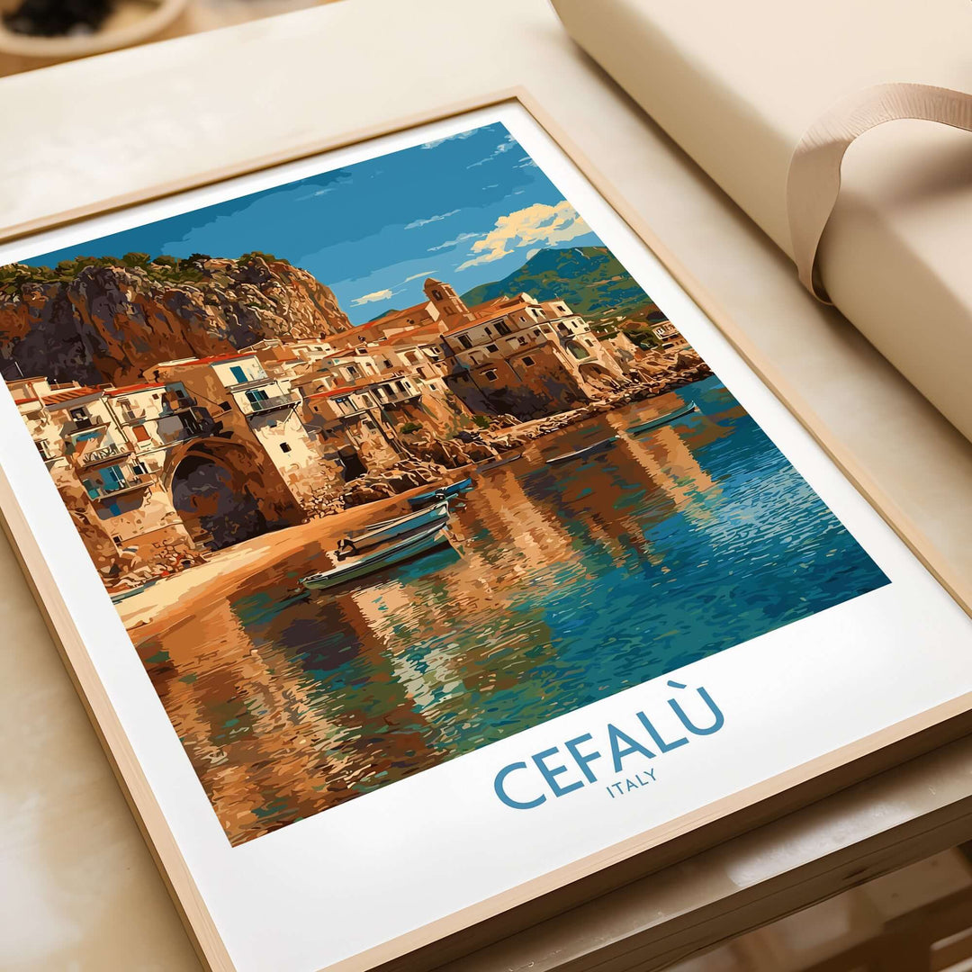 Cefalù Italy wall art featuring colorful coastal buildings and scenic reflections.