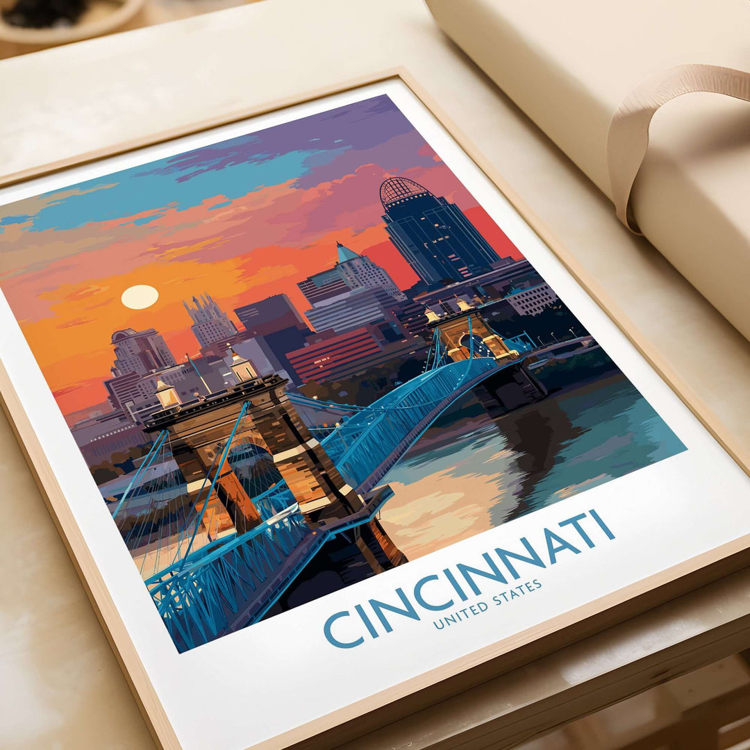 Cincinnati downtown cityscape print with vibrant sunset colors and iconic bridge, perfect for Ohio travel decor.