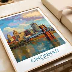 Cincinnati Riverfront Cityscape Poster - Ohio Wall Art displayed on a table, showcasing the vibrant skyline and waterfront.