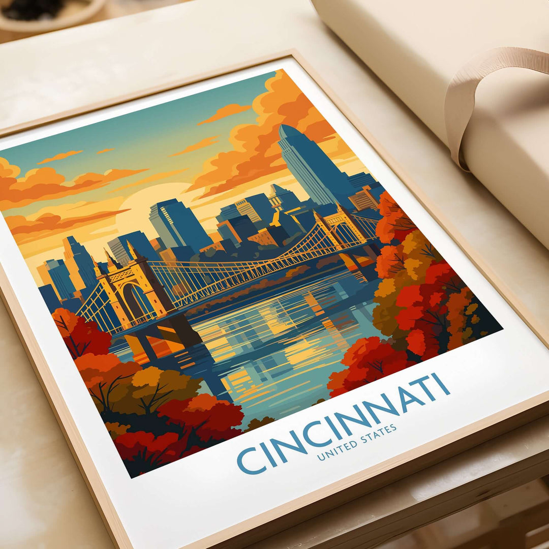 Cincinnati Skyline Print showcasing autumn colors and cityscape, perfect for seasonal home decor.