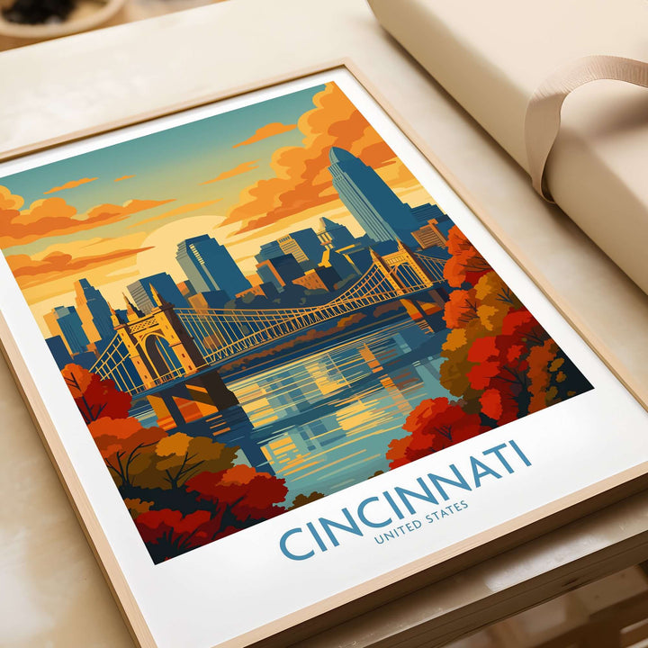 Cincinnati Skyline Print showcasing autumn colors and cityscape, perfect for seasonal home decor.