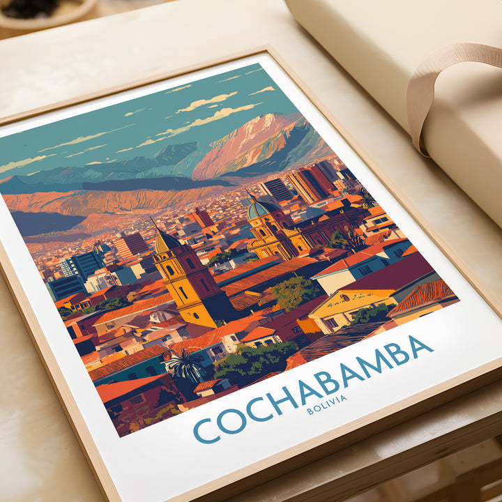 Cochabamba Bolivia wall art print showcasing the vibrant city and majestic mountains in a colorful design.