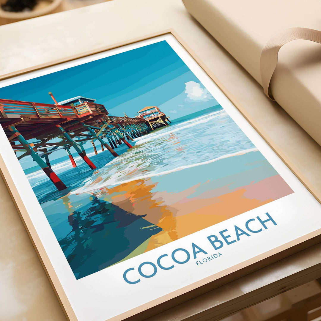 Cocoa Beach Pier poster showcasing vibrant Florida beach decor with ocean and pier reflection.