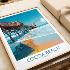 Cocoa Beach Pier Poster - Florida Beach Travel Decor featuring colorful pier and ocean waves.