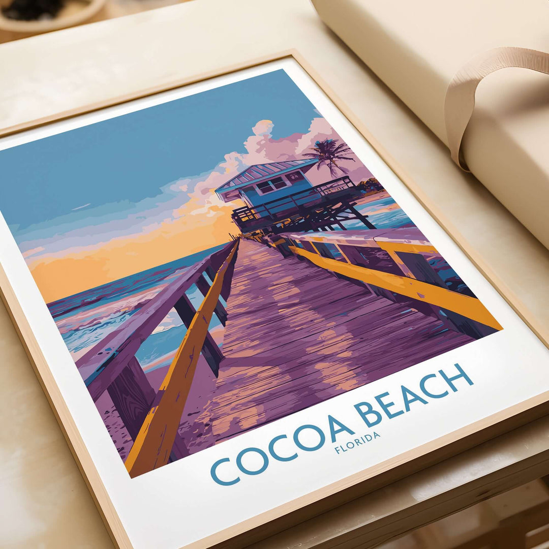 Cocoa Beach Florida wooden pier poster featuring a colorful sunset and ocean view, perfect for coastal decor.