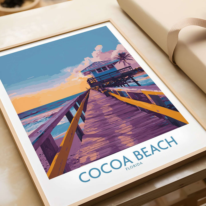 Cocoa Beach Florida wooden pier poster featuring a colorful sunset and ocean view, perfect for coastal decor.