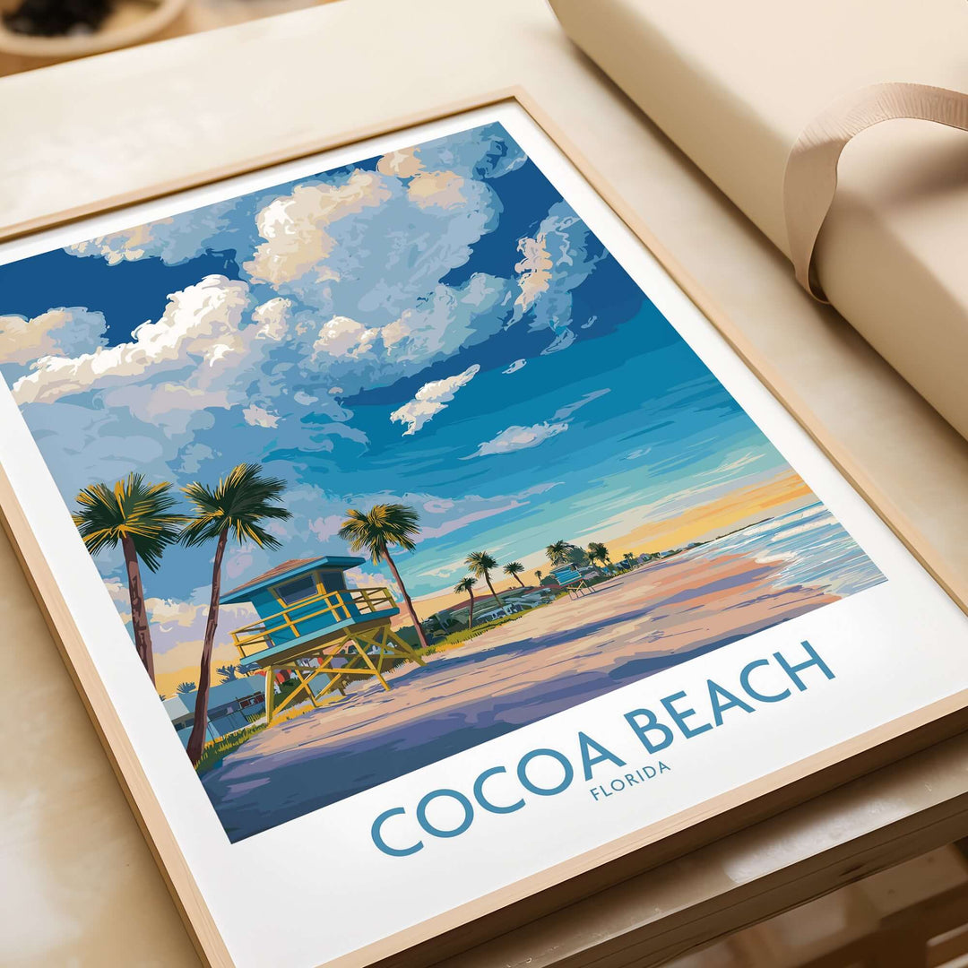 Cocoa Beach Florida oceanfront landscape print featuring palm trees and a lifeguard stand, perfect coastal decor.