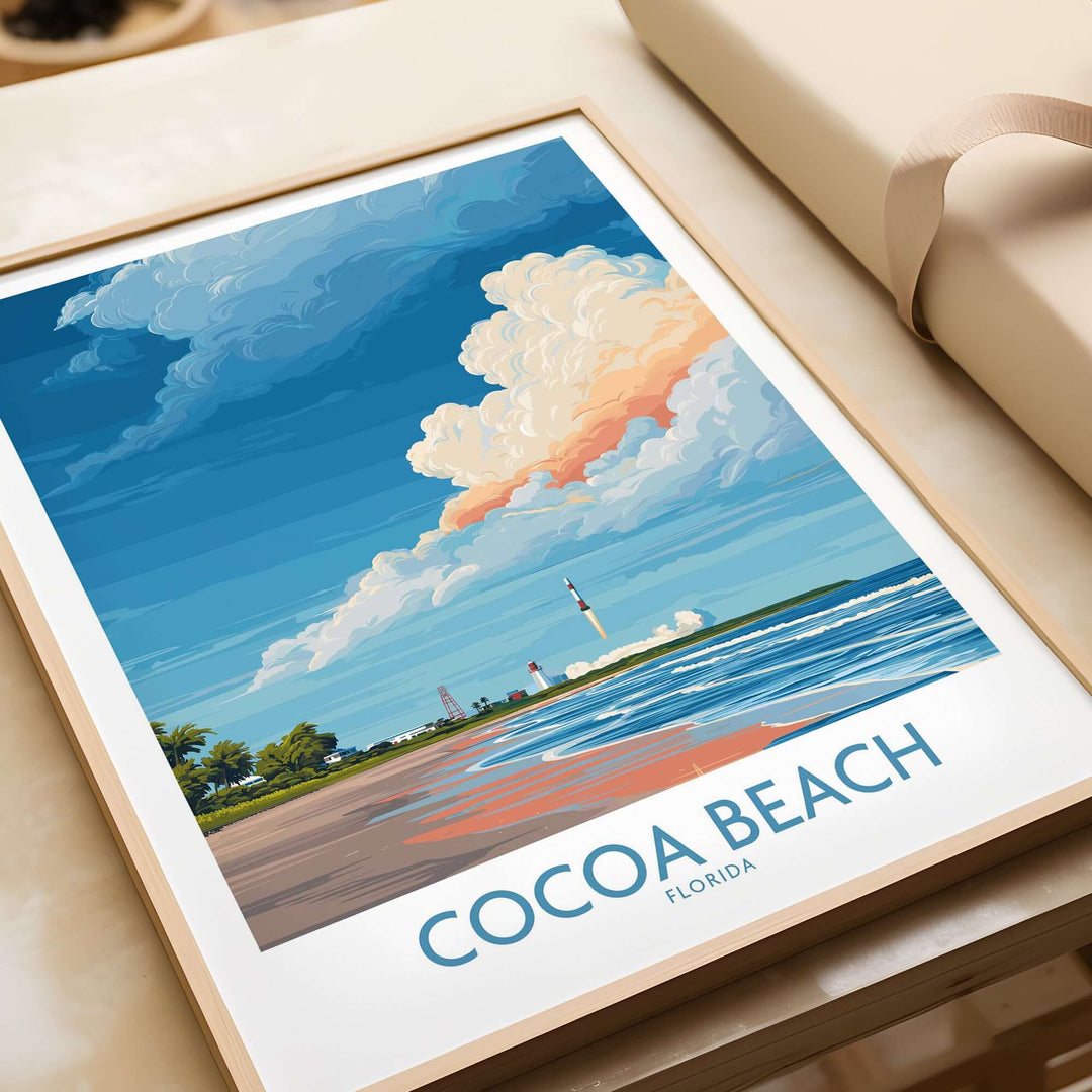 Cocoa Beach Kennedy Space Center poster featuring a coastal view with blue skies and launch tower, perfect Florida wall art.