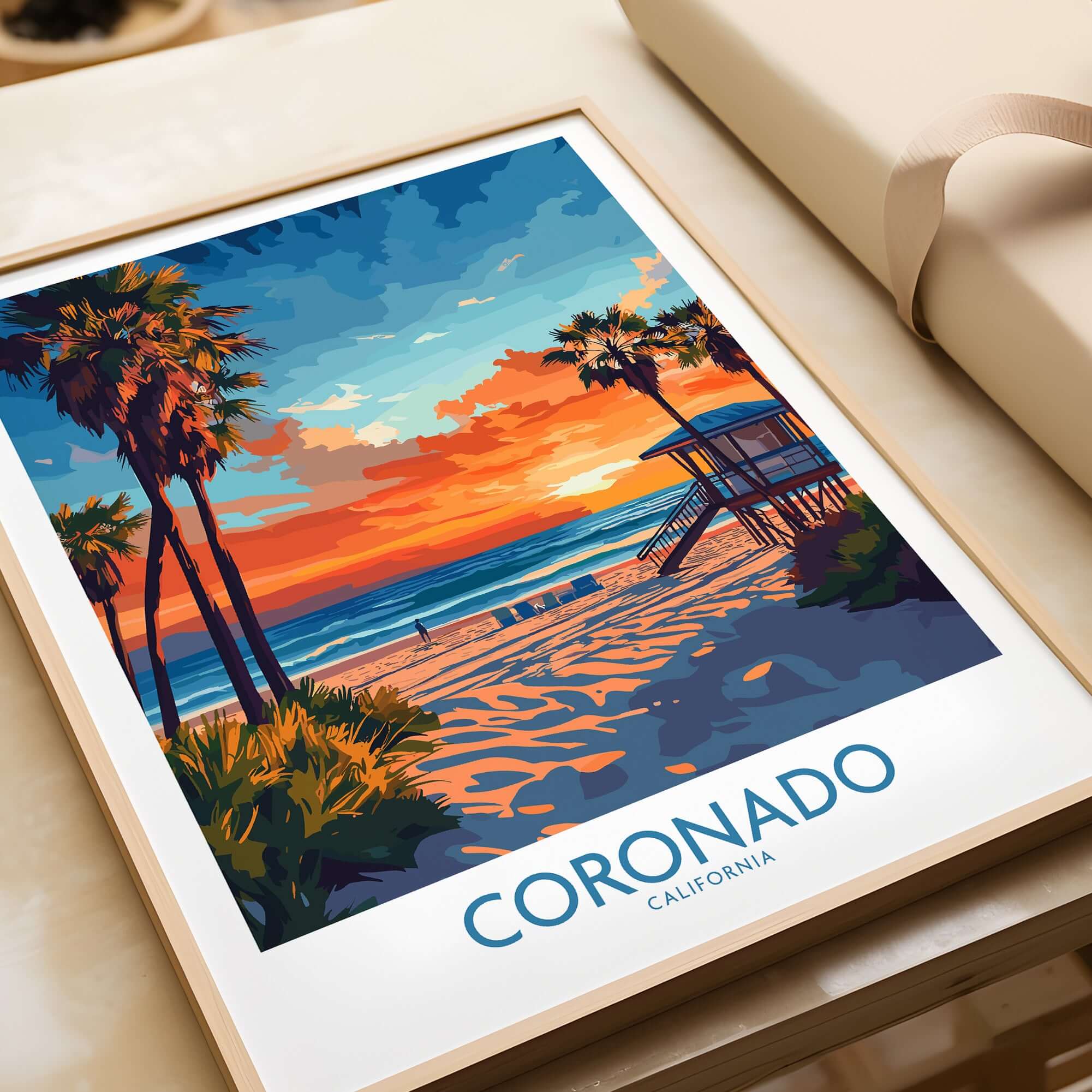 Coronado Print California featuring vibrant sunset colors and beach scene with palm trees.