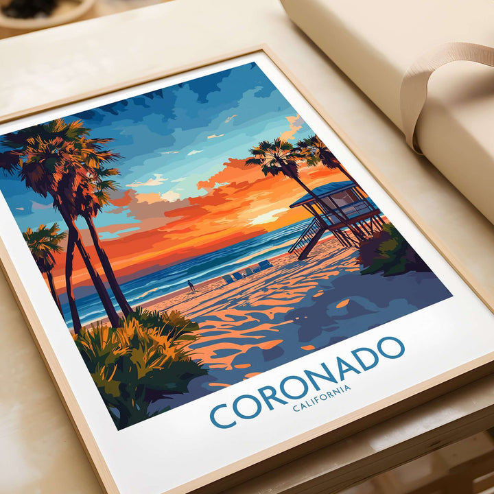 Coronado Print California featuring a vibrant beach sunset with palm trees and a lifeguard tower. Perfect for home decor.