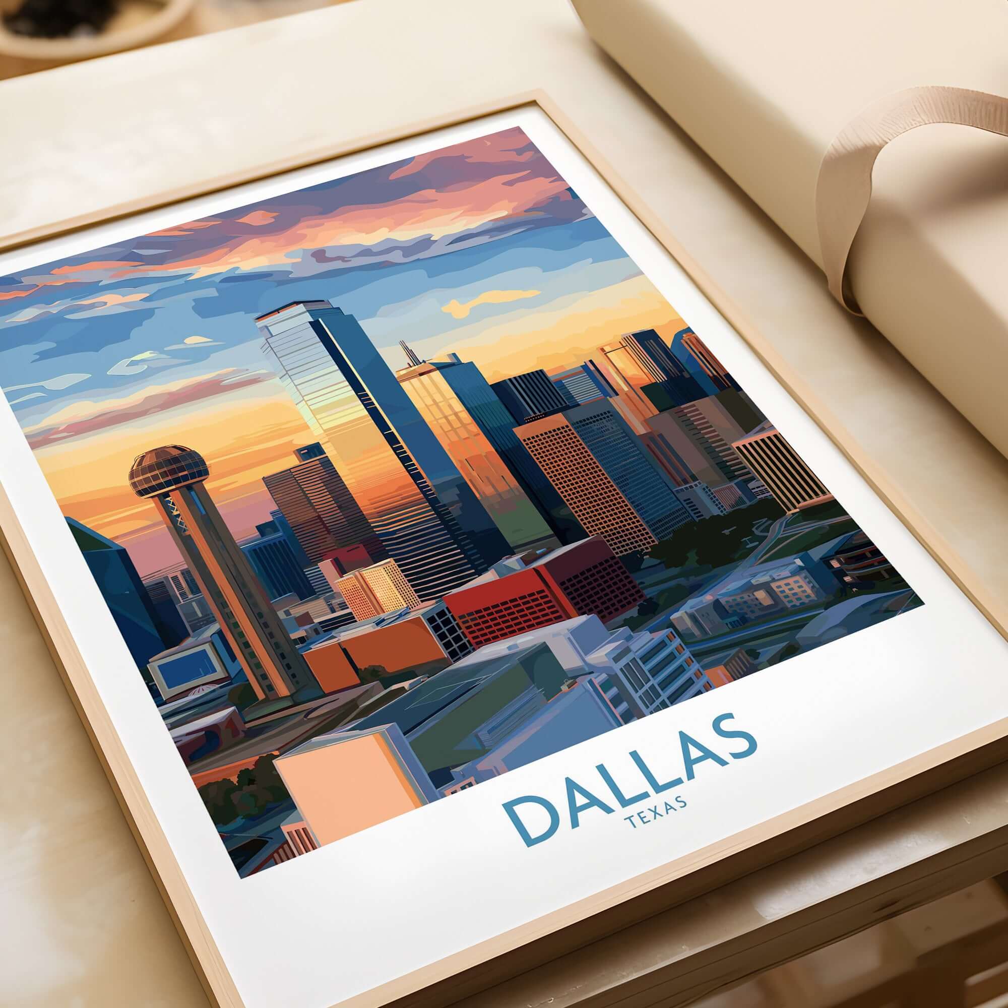 Dallas Texas Sunset Wall Art - Modern City Travel Decor showcasing colorful skyline at dusk with warm hues.