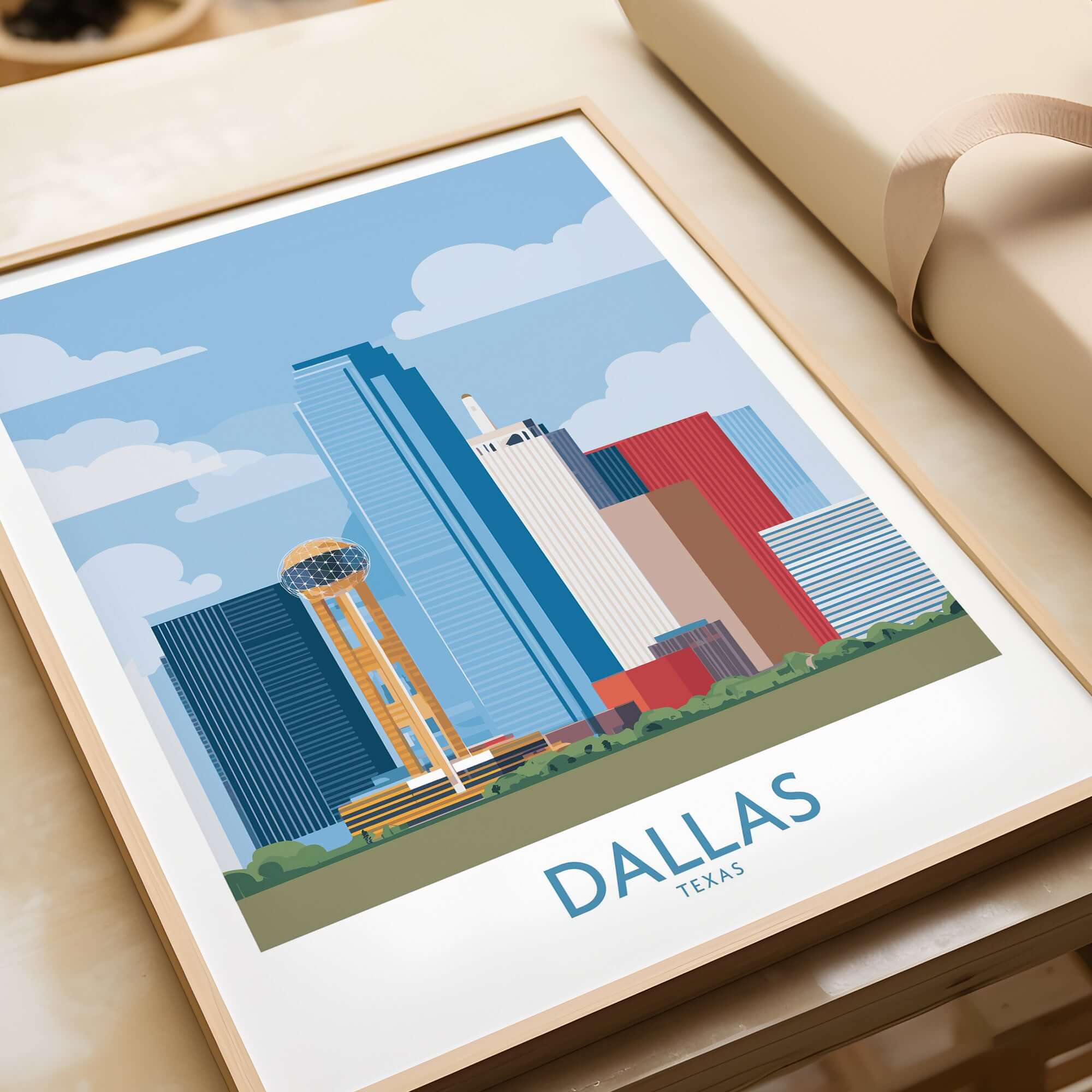 Dallas Cityscape Poster - Texas Travel Wall Art Decor showcasing the skyline of Dallas in vibrant colors.