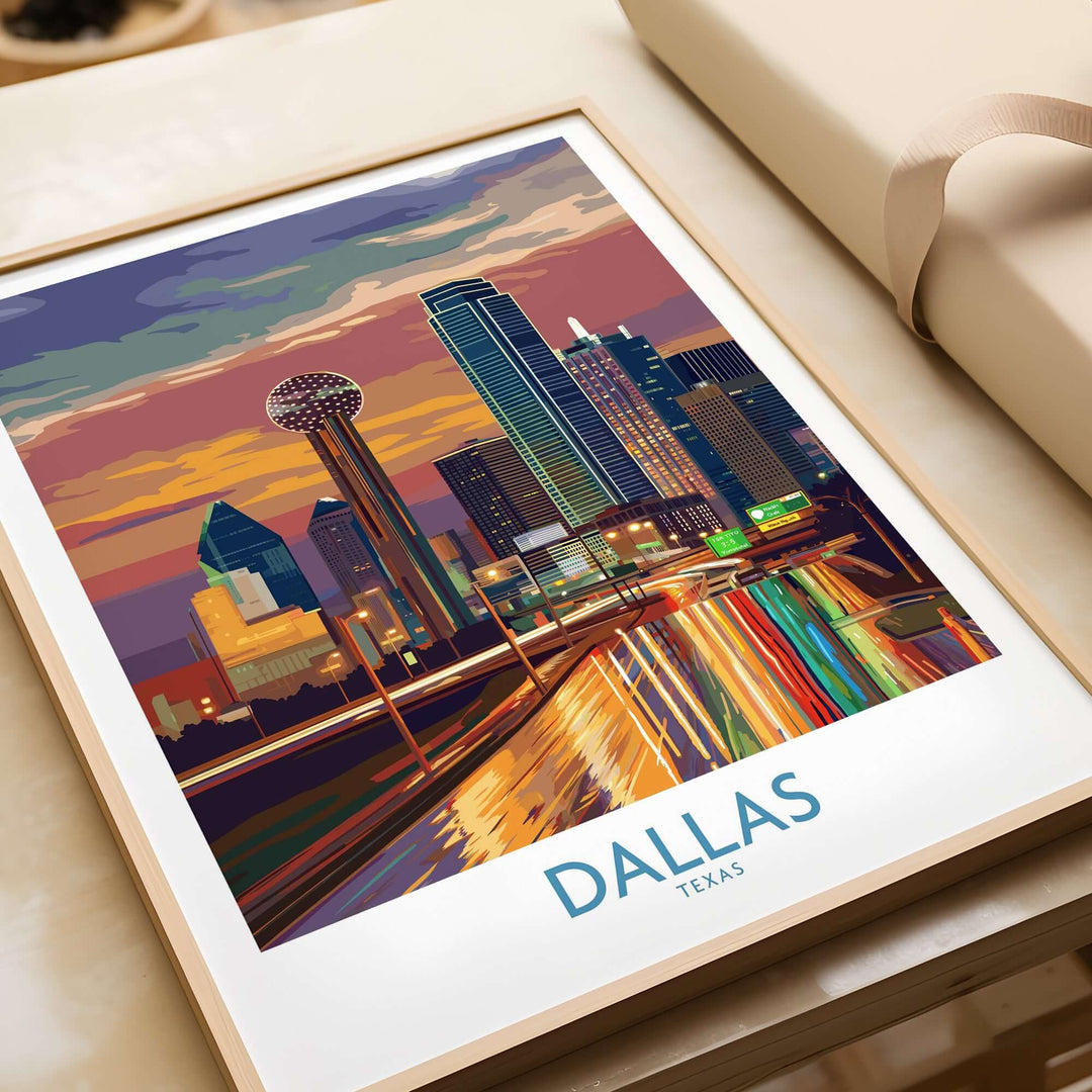 Colorful wall art of Dallas skyline at dusk, showcasing Texas urban decor with vibrant reflections.