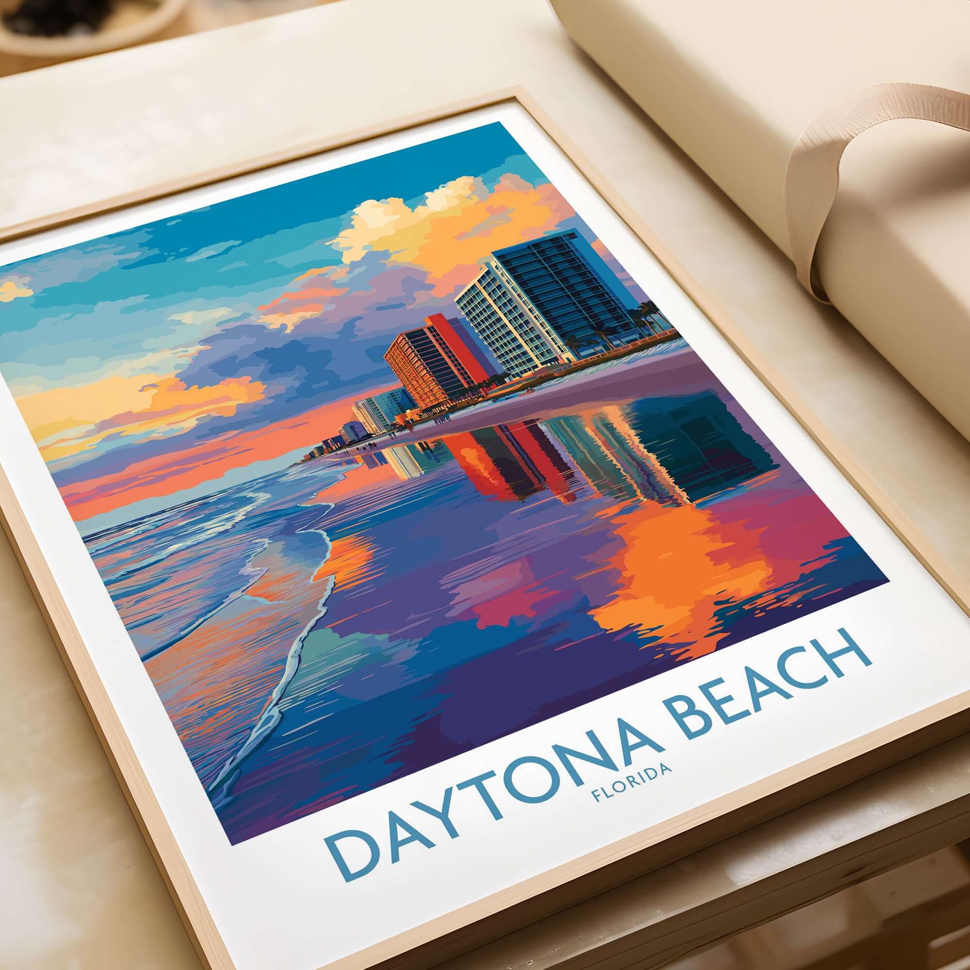 Daytona Beach Florida Oceanfront Reflections Poster - Florida Travel Decor showcasing vibrant sunset reflections.