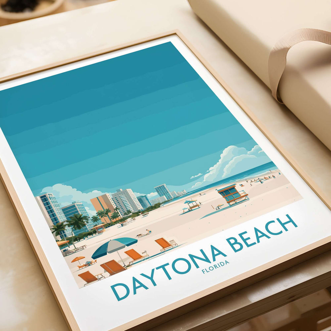 Daytona Beach Tropical Beachfront Poster featuring crystal-clear waters and vibrant shoreline decor for Florida vacation enthusiasts.