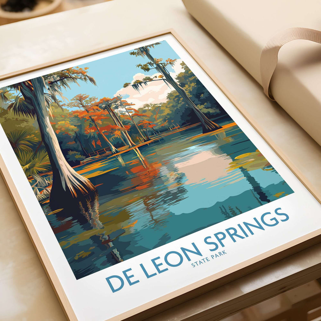 De Leon Springs Cypress Trees print showcasing serene water reflection and tranquil Florida nature in vibrant colors.