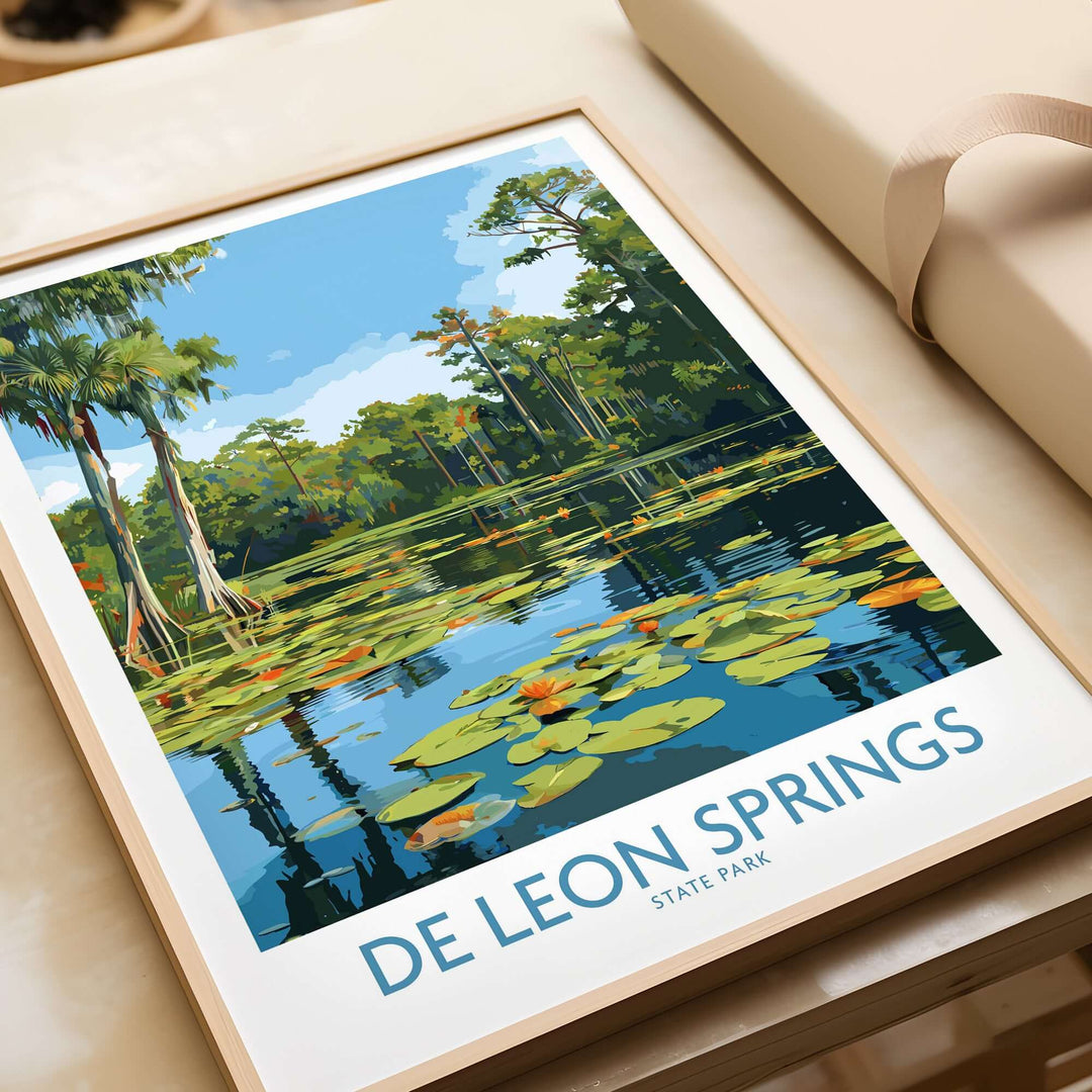 De Leon Springs Green Lily Pond Poster showcasing serene Florida State Park scenery and vibrant lily pads.