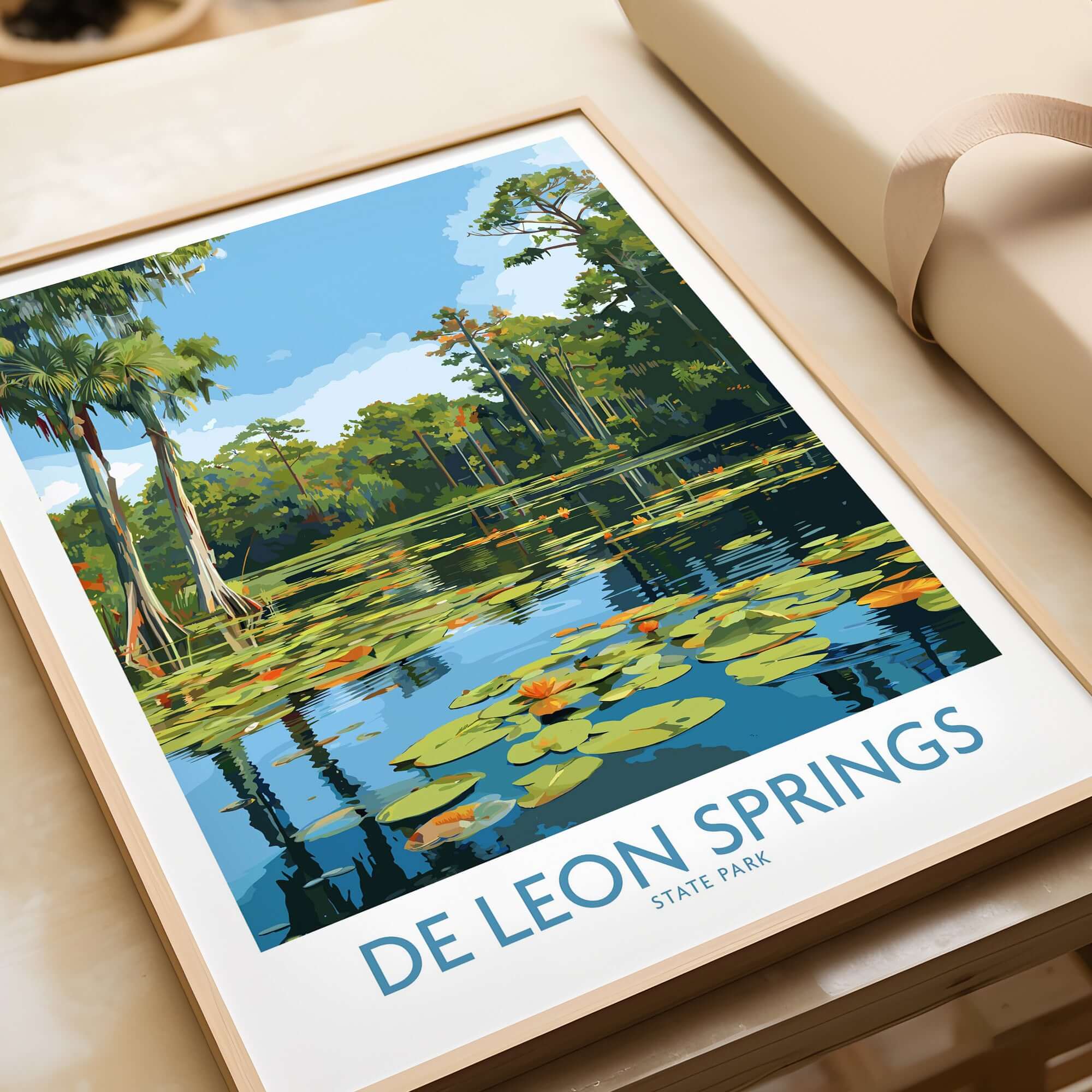 De Leon Springs Florida Green Lily Pond Poster - Florida State Park Decor showcasing vibrant pond and lily pads.