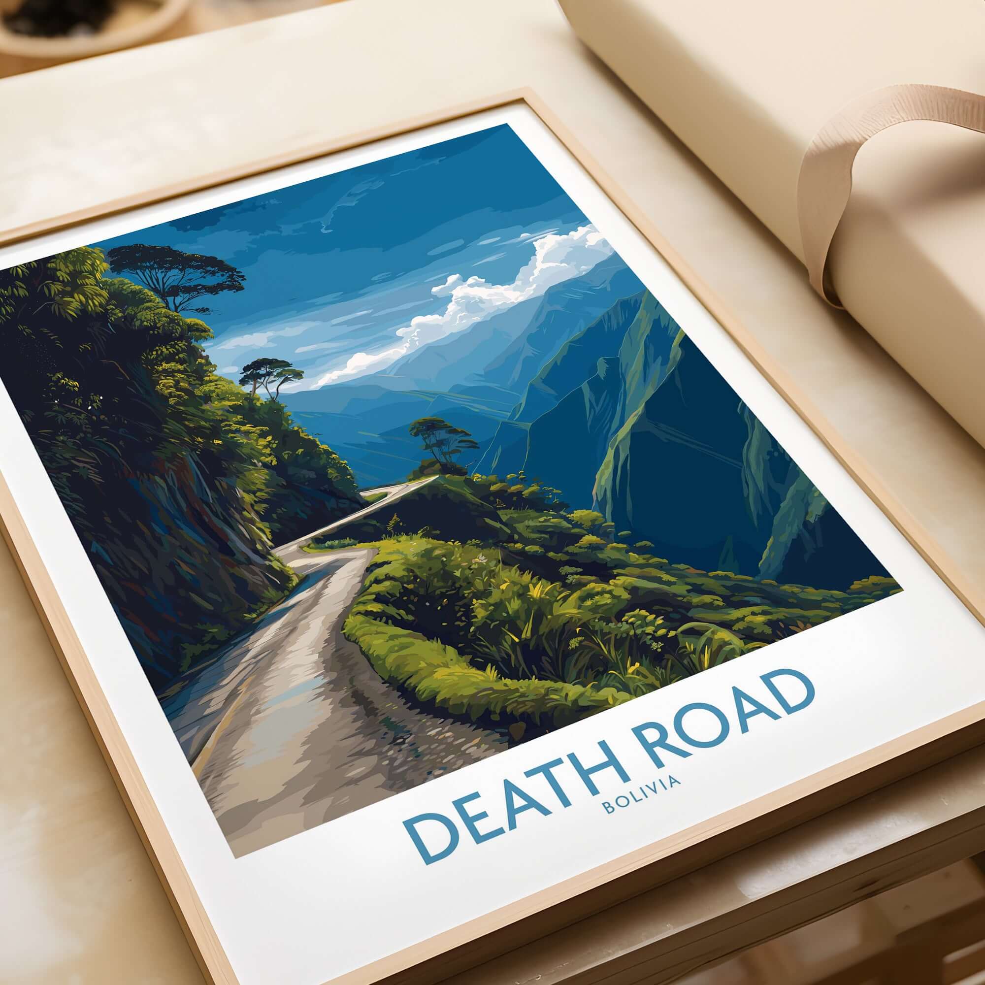 Death Road Bolivia Mountain Art Print | Yungas Camino Poster showcasing a vibrant landscape of Bolivia's Death Road.