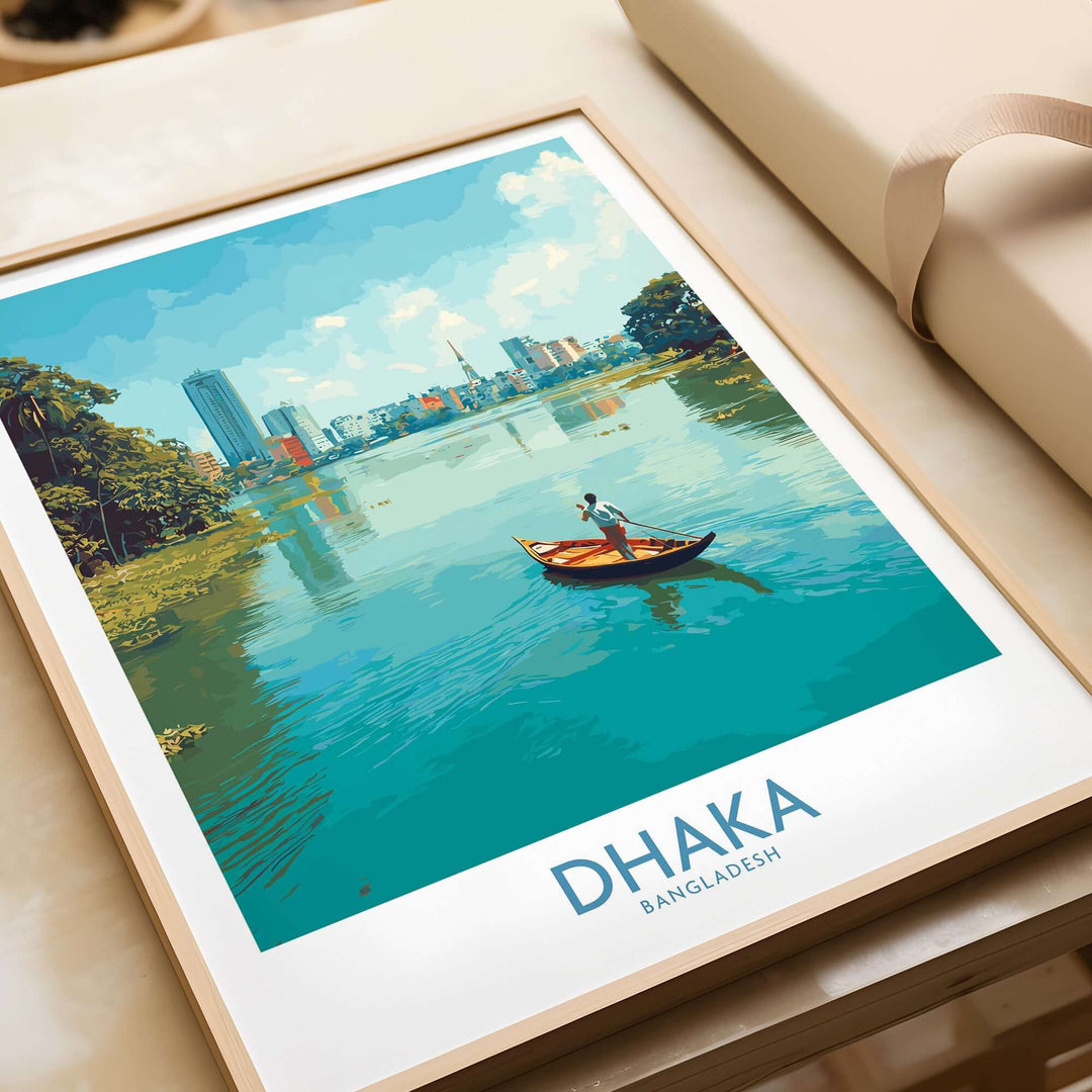 Dhaka Buriganga River poster showcasing a vibrant cityscape and a boat on the water, perfect for urban decor.