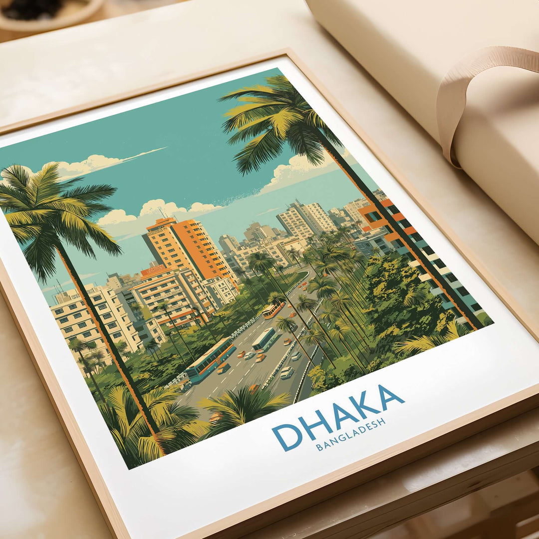 Dhaka Bangladesh cityscape wall art featuring urban landscape and palm trees, adding cultural flair to decor.