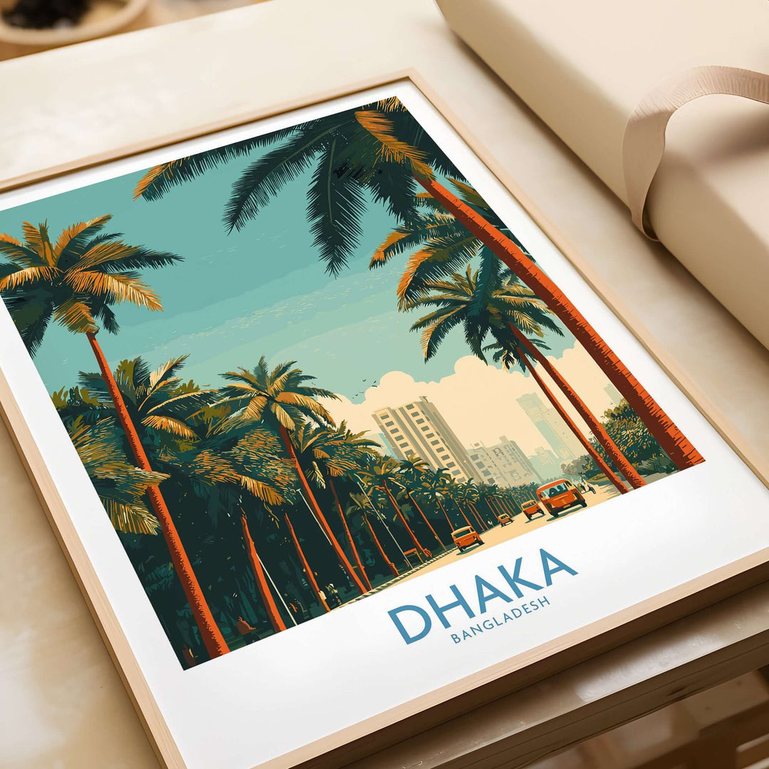 Dhaka Bangladesh poster featuring palm trees and cityscape, showcasing vibrant travel scene and culture.