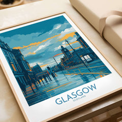 Glasgow Clock Tower Cityscape Poster - Scottish Travel Decor showcasing the vibrant city skyline and architecture.