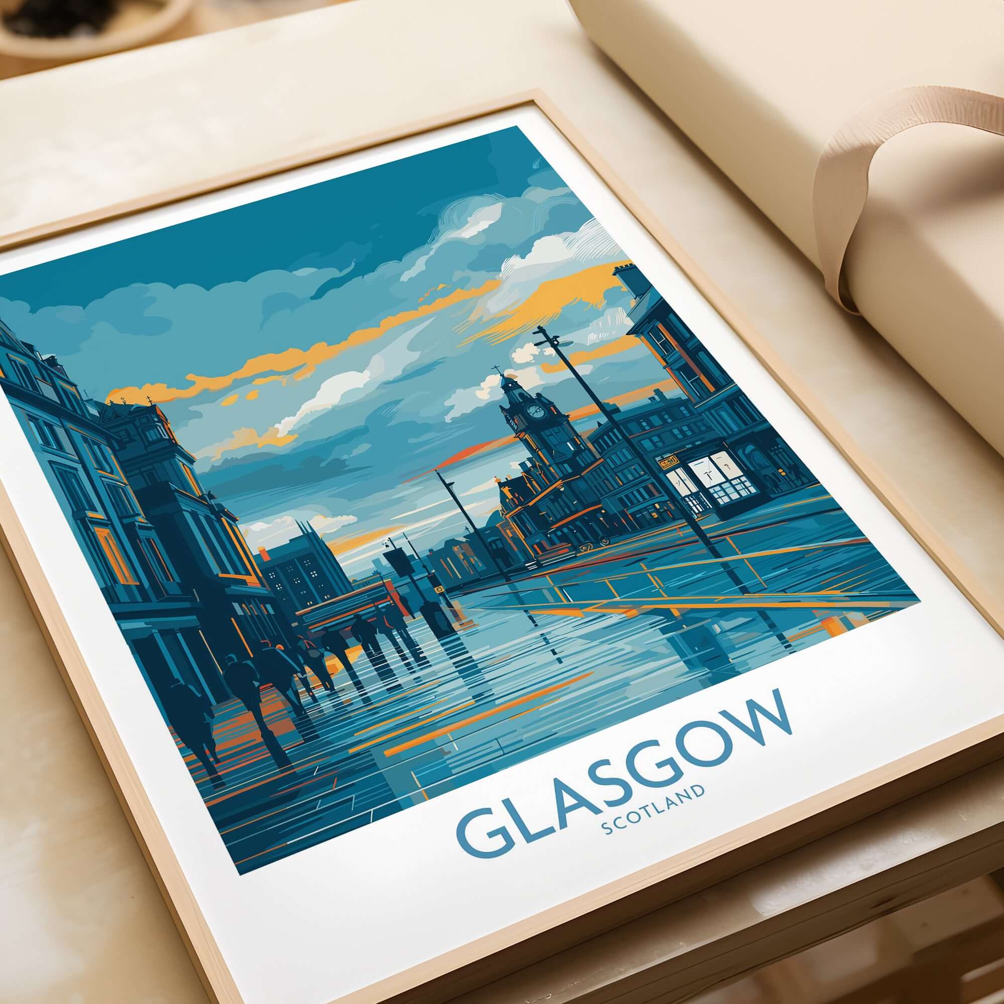 Glasgow Clock Tower Cityscape Poster - Scottish Travel Decor showcasing the vibrant city skyline and architecture.