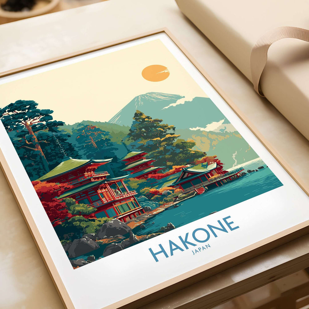 Hakone Japan Lake Ashi temple print featuring a traditional pagoda and serene landscape with Mount Fuji.