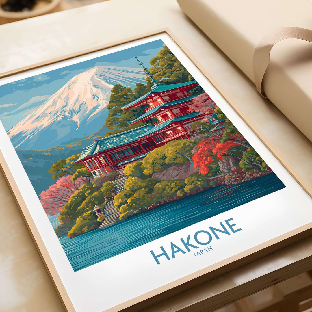 Hakone Japan wall art print featuring a scenic view of Mount Fuji and a traditional Japanese building.
