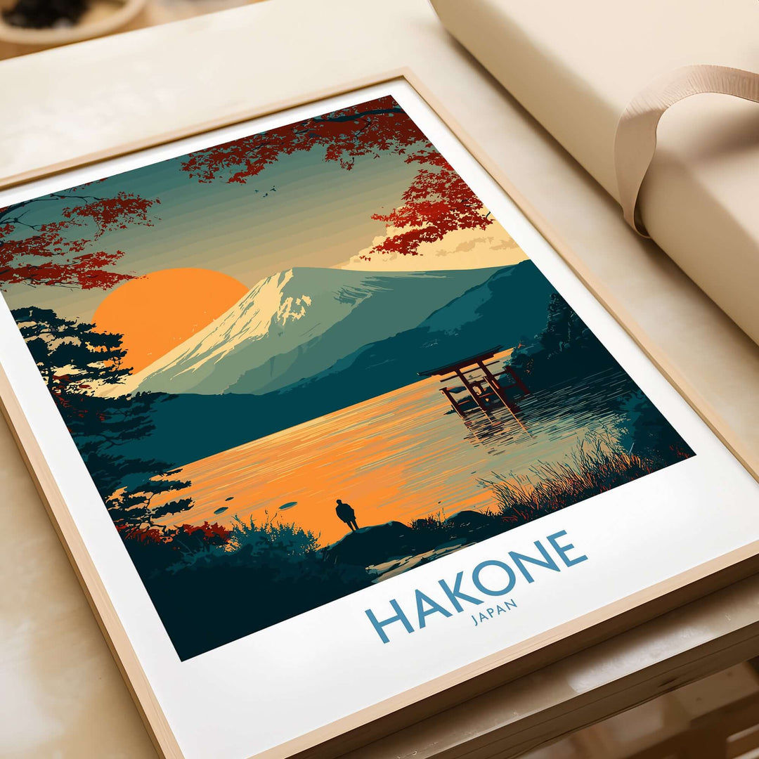 Hakone Japan wall art print featuring Lake Ashi, traditional elements, and serene mountain landscape for peaceful decor.