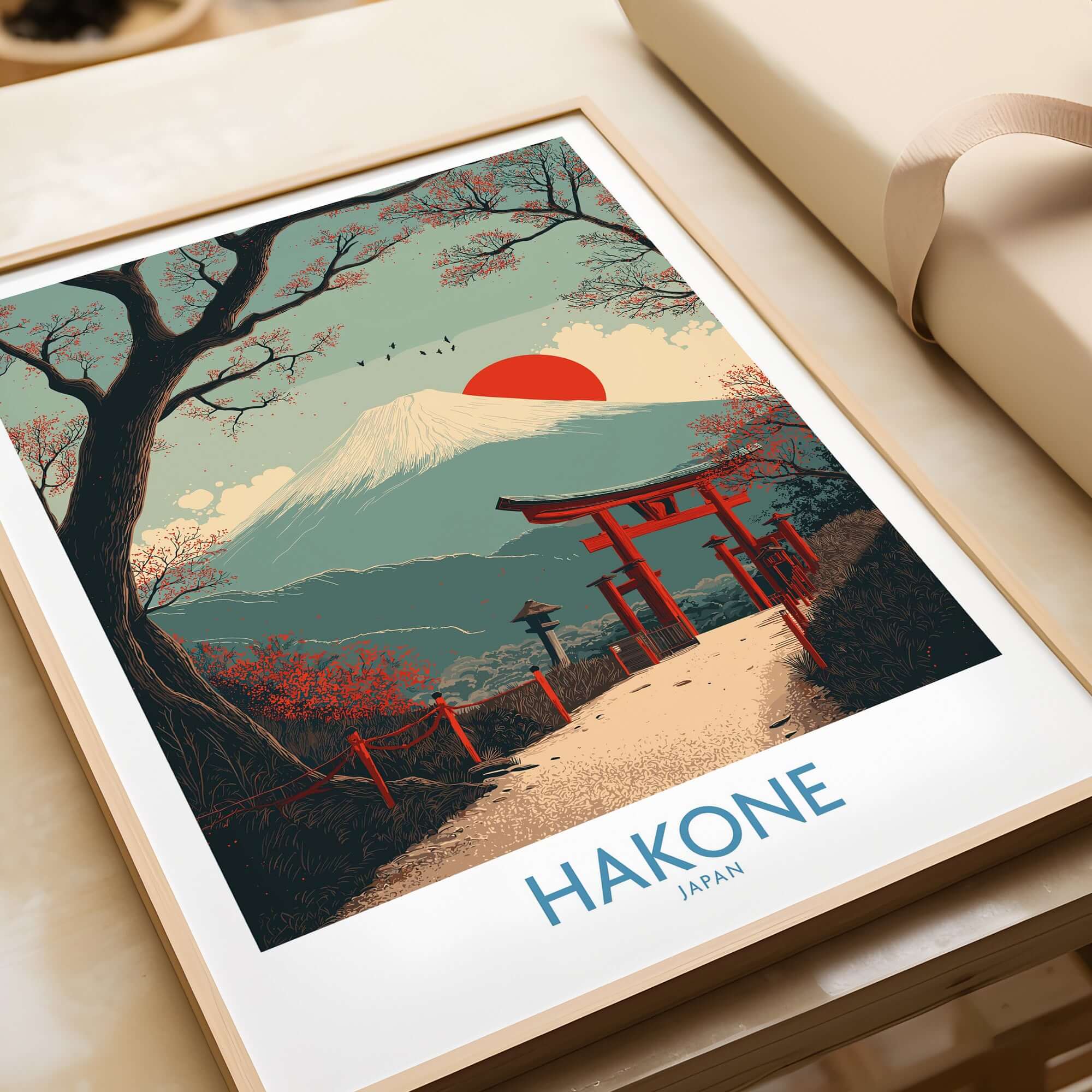 Hakone Japan Peace Gate Shrine Wall Art - Autumn Cherry Blossom Decor with Mount Fuji and red sun