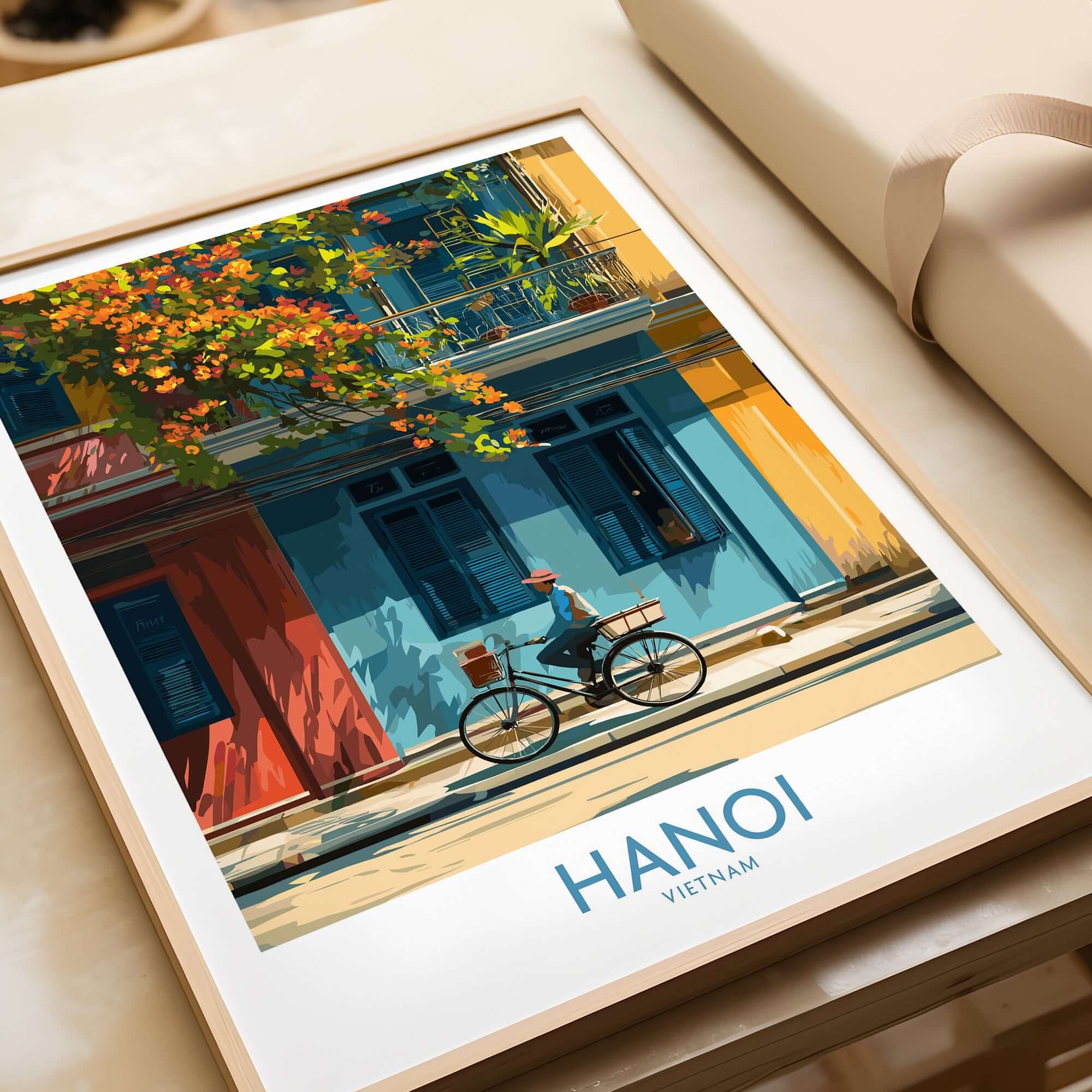 Hanoi Poster - Vietnam Wall Art featuring a vibrant street scene with a bicycle and colorful buildings.