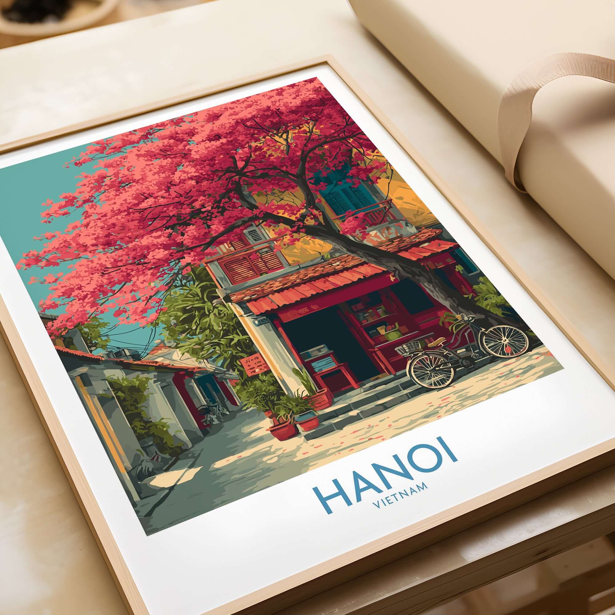 Hanoi Vietnam Poster - Historic Hanoi Scene Decor featuring vibrant architecture and cherry blossoms.