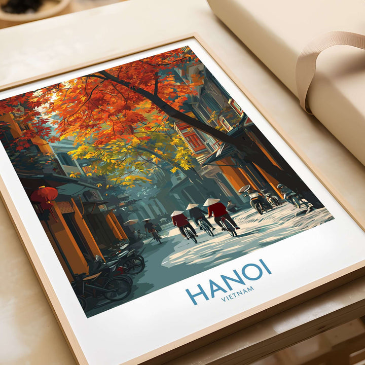 Hanoi wall art showcasing vibrant autumn streets in Vietnam's Old Quarter, capturing traditional life and culture.