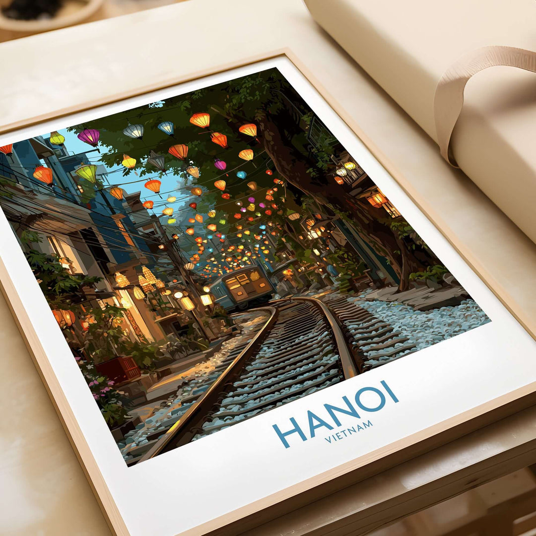 Hanoi Vietnam Train Street wall art featuring colorful lanterns and train tracks in a vibrant travel print.