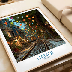 Hanoi Vietnam Train Street Wall Art - Hanoi Travel Print featuring vibrant lanterns and a picturesque train track.