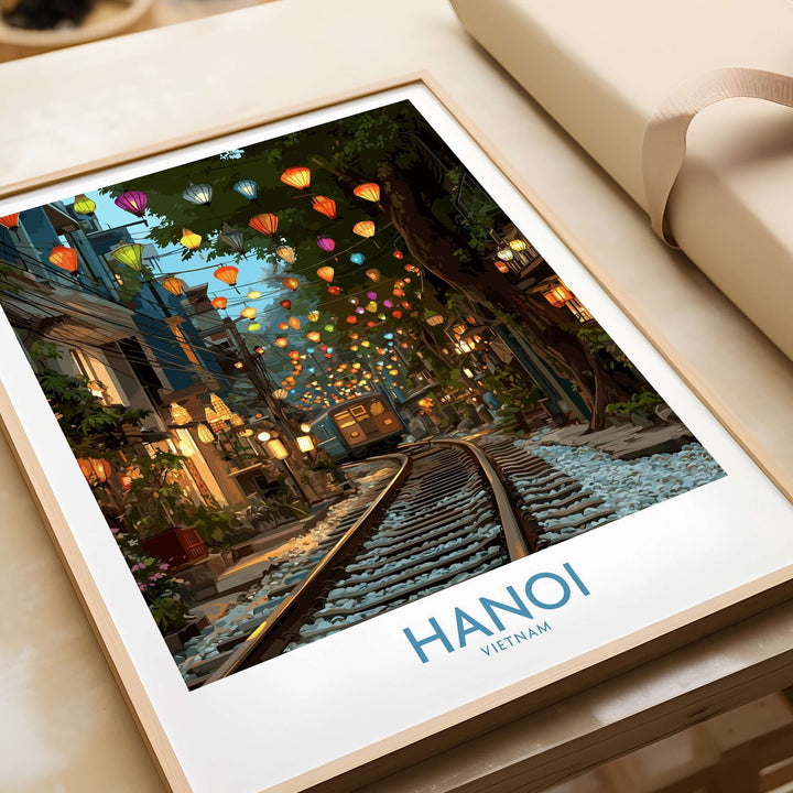 Hanoi Vietnam Train Street wall art featuring colorful lanterns and train tracks in a vibrant travel print.
