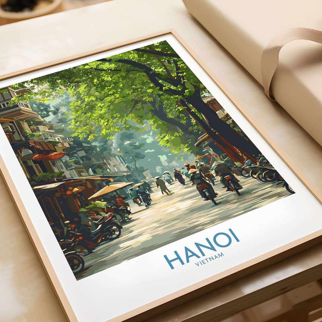 Hanoi Vietnam street wall art poster featuring a vibrant bustling street scene with scooters and greenery.