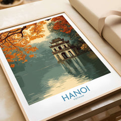 Hanoi Vietnam Turtle Tower Wall Art - Iconic Hanoi Landmark Decor showcasing the Turtle Tower against a serene lake backdrop.