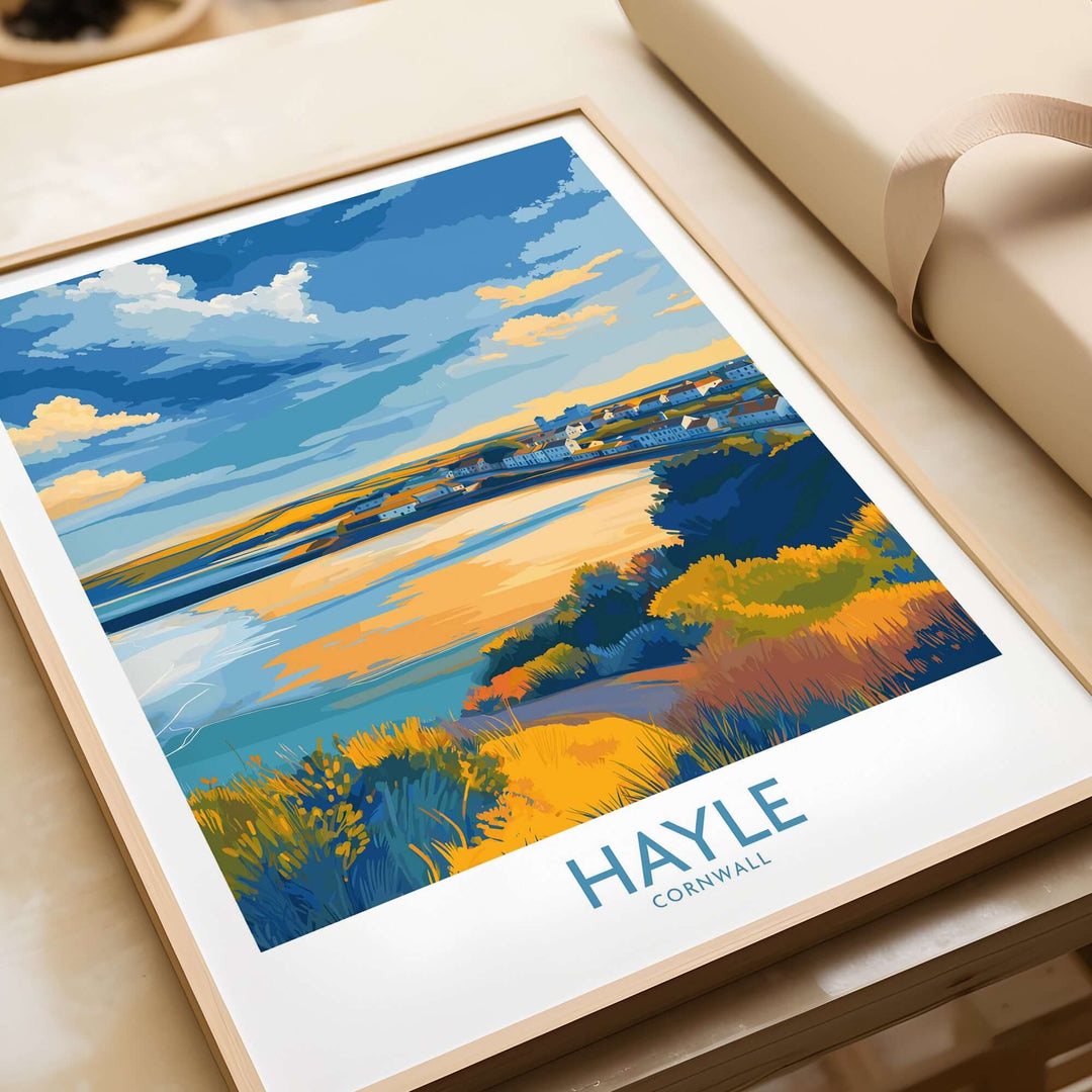 Hayle Estuary panorama wall art poster showcasing Cornwall's coastal beauty in vibrant colors.
