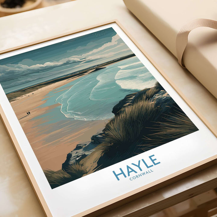 Hayle Sandy Beach poster showcasing sandy shores and tranquil waves, ideal Cornish travel decor for beach lovers.