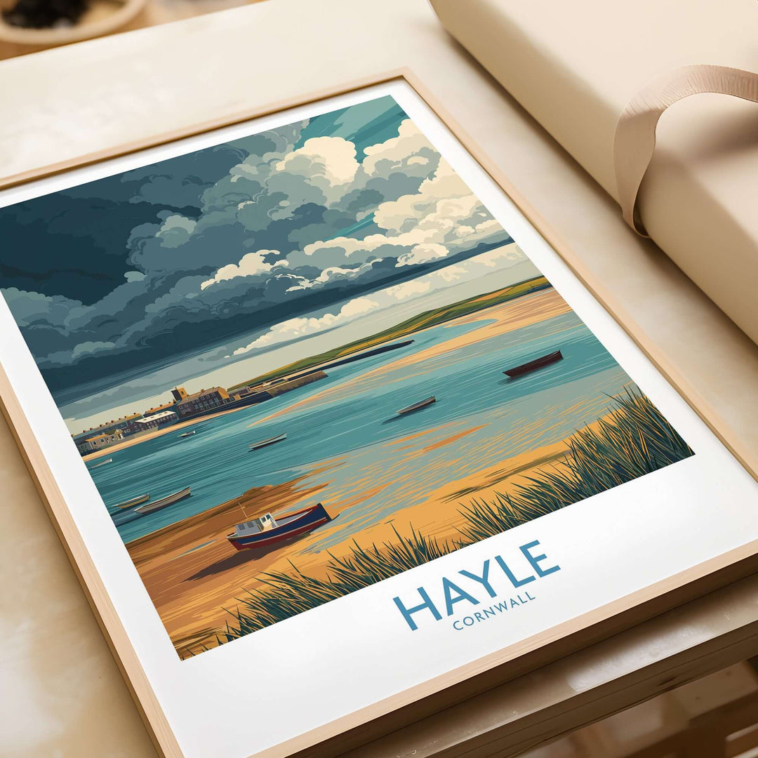Hayle Cornwall Stormy Sky Seascape Poster showcasing dramatic coastline and moody clouds, perfect travel print for nature lovers.