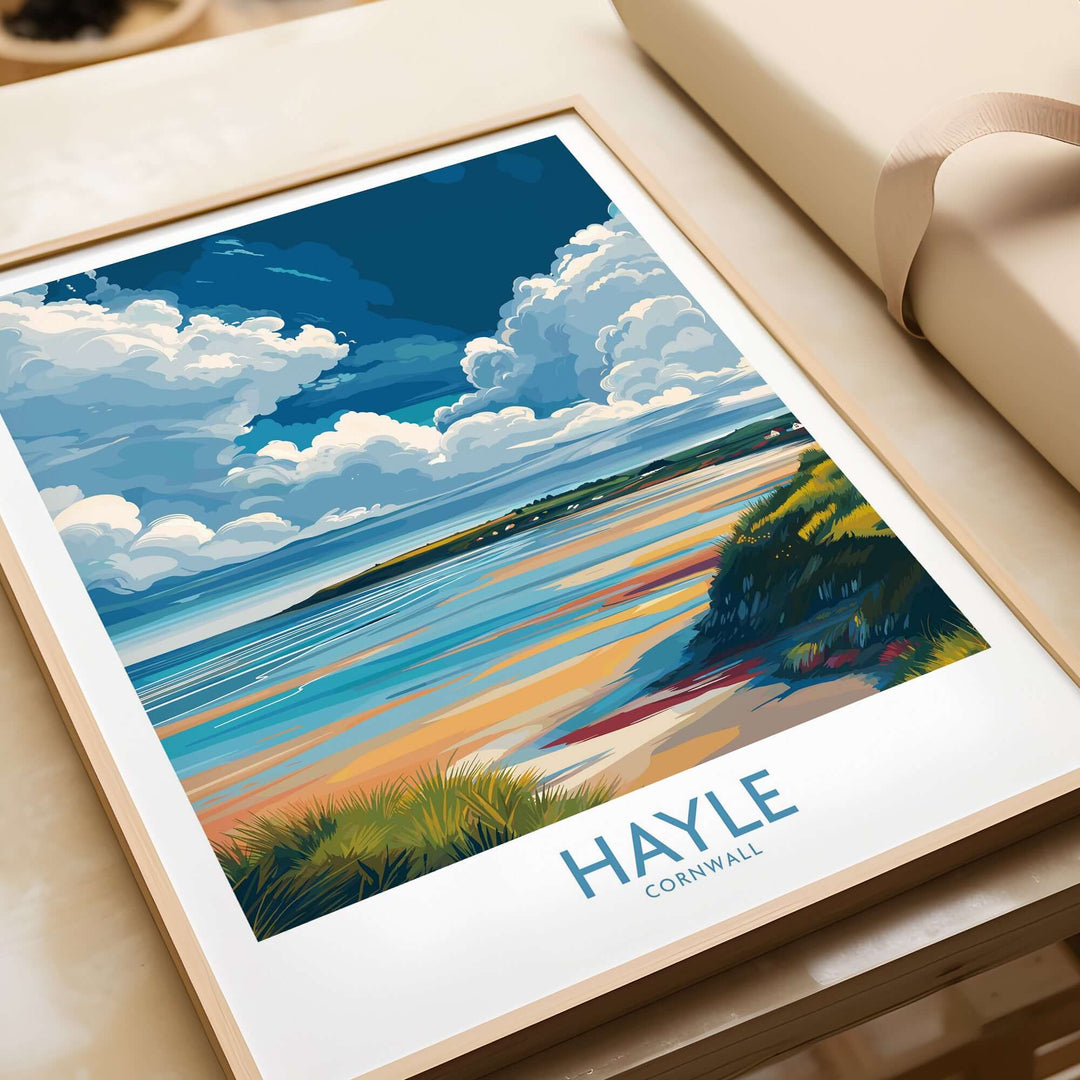 Hayle Wall Art featuring blue skies and sandy beaches, inspired by Cornwall's coastal beauty.