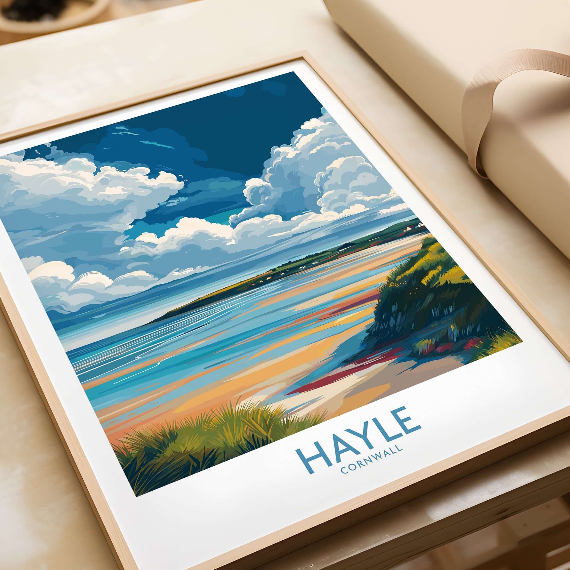 Hayle Wall Art - Cornish Nature Decor featuring a vibrant beach scene with clouds and colorful sands in Cornwall.