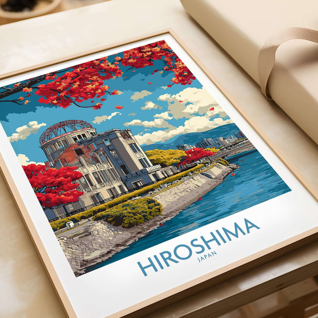 Hiroshima Genbaku Dome poster showcasing historic landmark with vibrant autumn colors and serene river view.