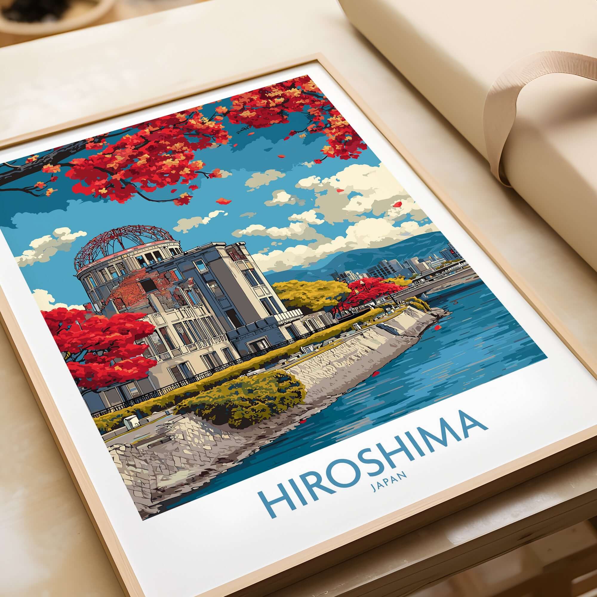 Hiroshima Japan Genbaku Dome Poster - Historic Landmark Decor showcasing the iconic landmark and vibrant autumn colors.
