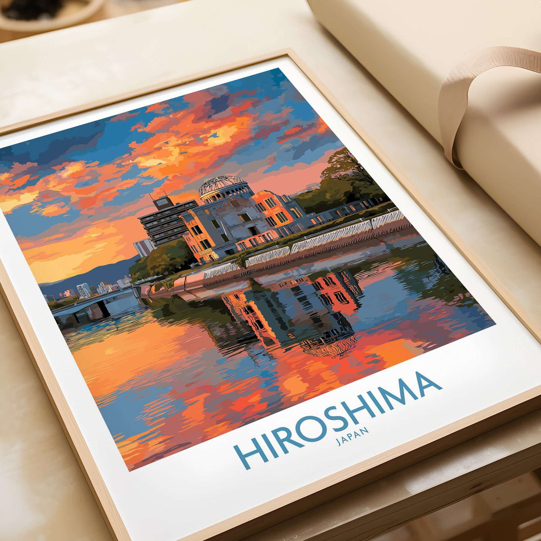 Hiroshima cityscape print featuring sunset hues over historic skyline, perfect decor for inspiring spaces.